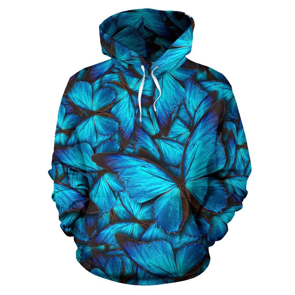 Blue Butterfly Pattern Print Women Men Pullover Hoodie-grizzshop