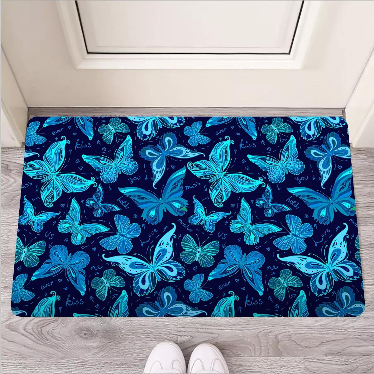 Blue Butterfly Print Door Mat-grizzshop