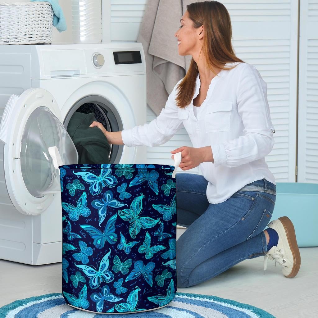 Blue Butterfly Print Laundry Basket-grizzshop