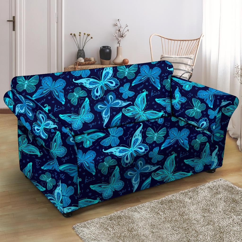 Blue Butterfly Print Loveseat Cover-grizzshop