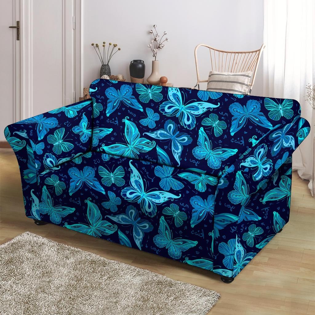 Blue Butterfly Print Loveseat Cover-grizzshop