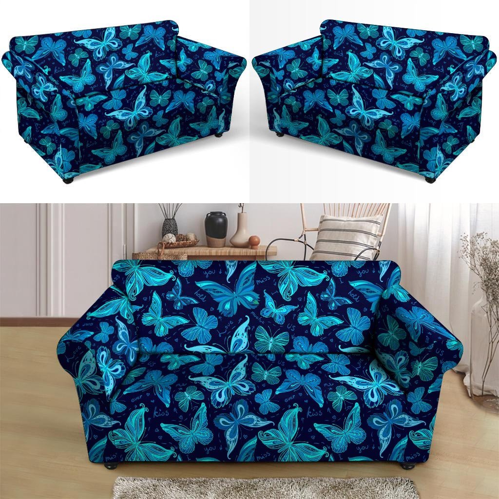 Blue Butterfly Print Loveseat Cover-grizzshop