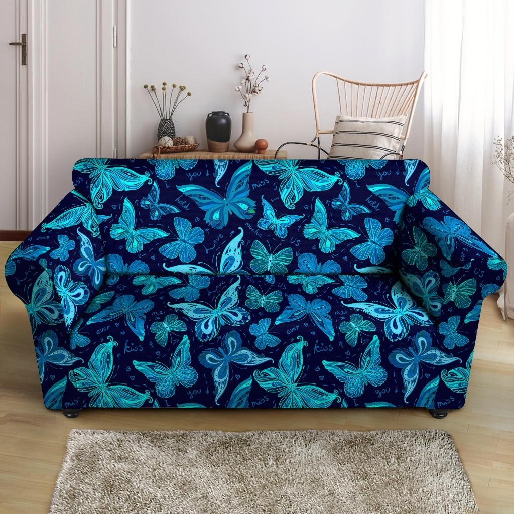 Blue Butterfly Print Loveseat Cover-grizzshop