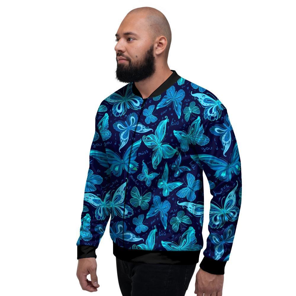 Blue Butterfly Print Men's Bomber Jacket-grizzshop