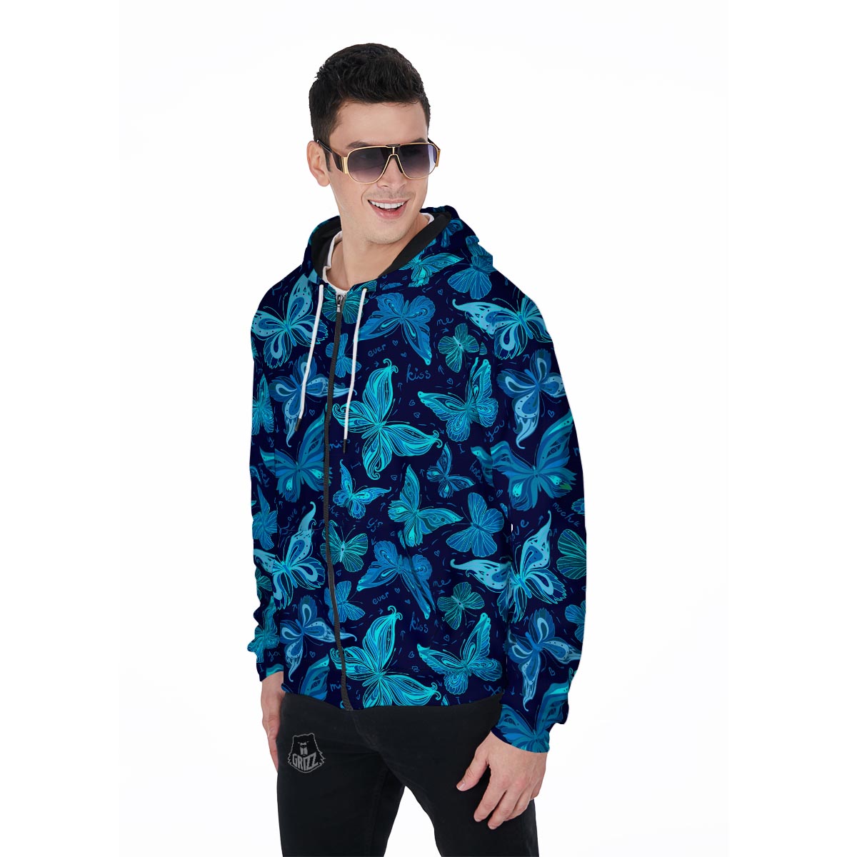 Blue Butterfly Print Men's Zip Up Hoodie-grizzshop