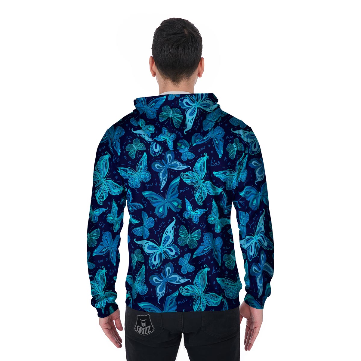 Blue Butterfly Print Men's Zip Up Hoodie-grizzshop