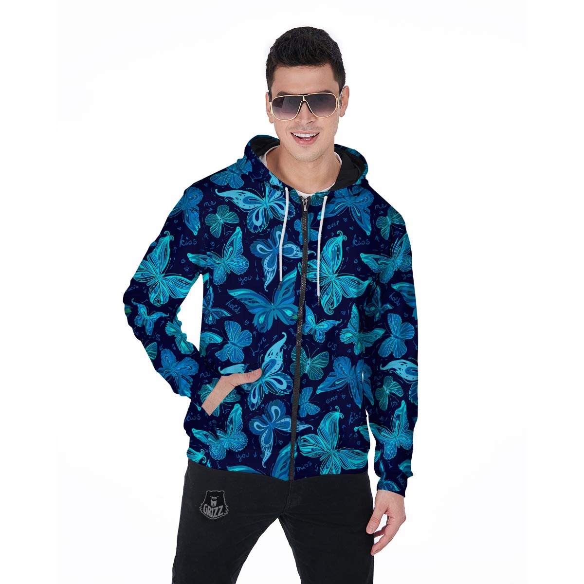 Blue Butterfly Print Men's Zip Up Hoodie-grizzshop