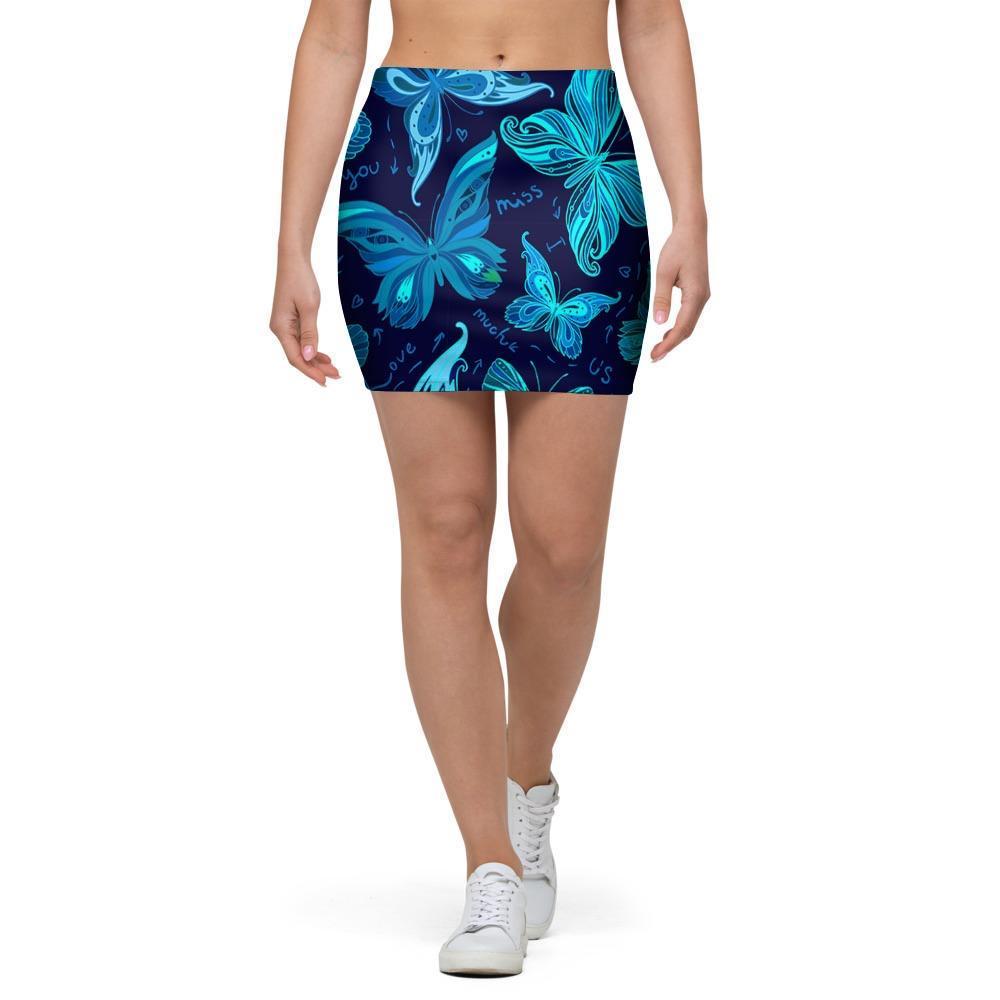 Blue Butterfly Print Mini Skirt-grizzshop