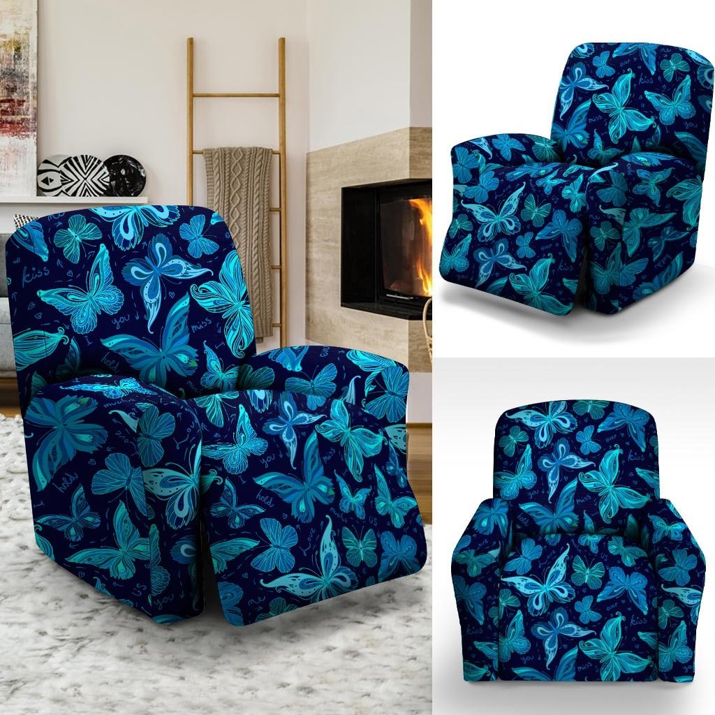 Blue Butterfly Print Recliner Cover-grizzshop