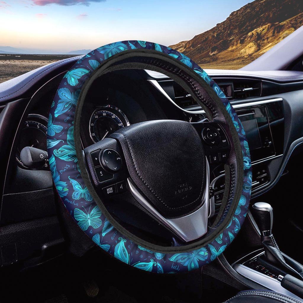 Blue Butterfly Print Steering Wheel Cover-grizzshop