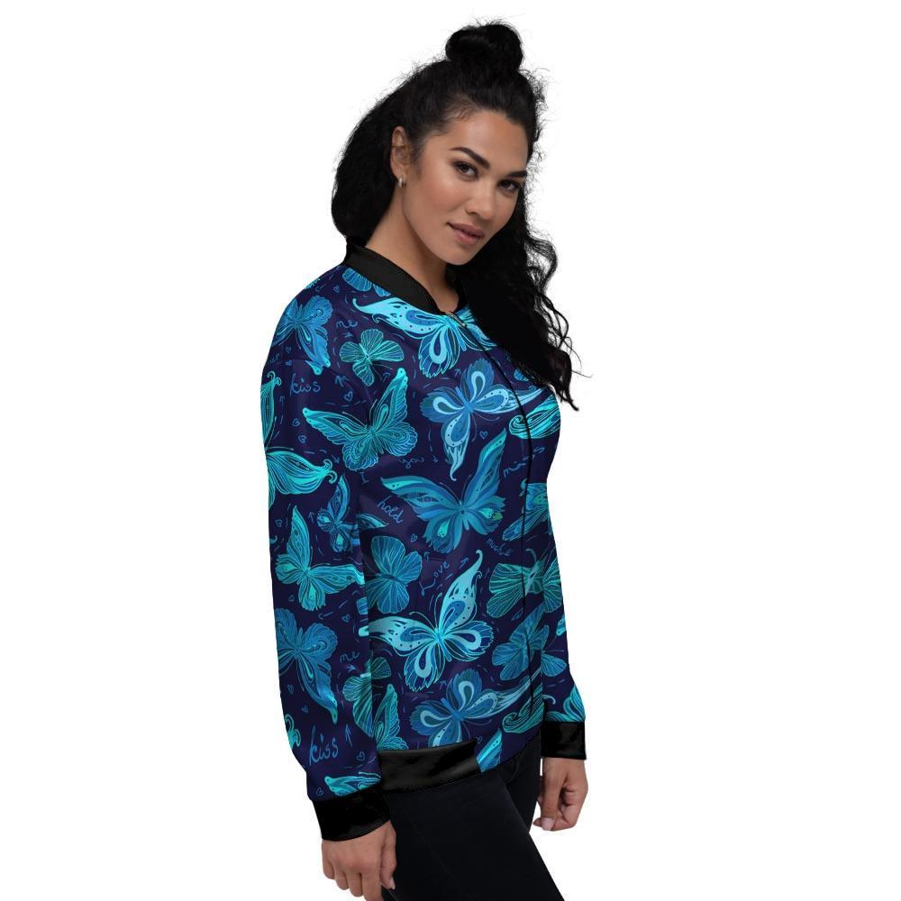 Blue Butterfly Print Women's Bomber Jacket-grizzshop