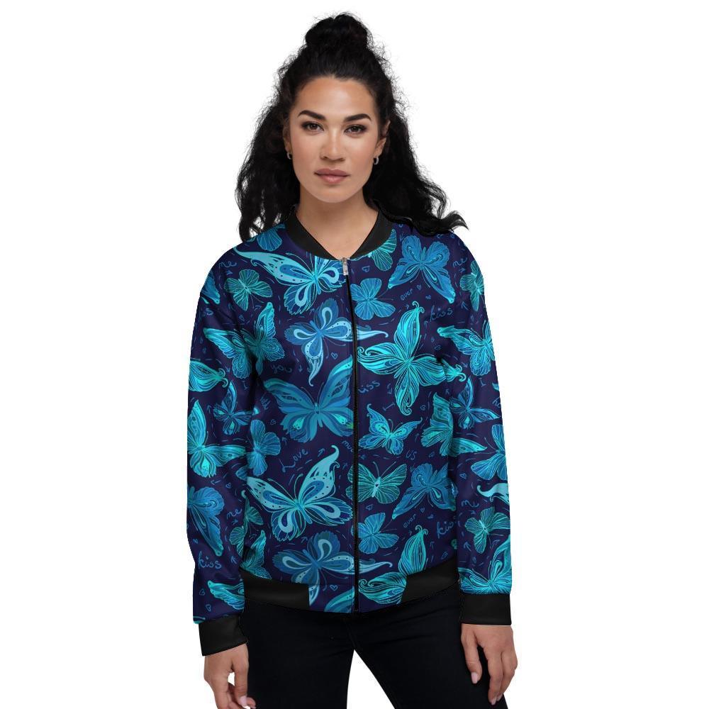 Blue Butterfly Print Women's Bomber Jacket-grizzshop