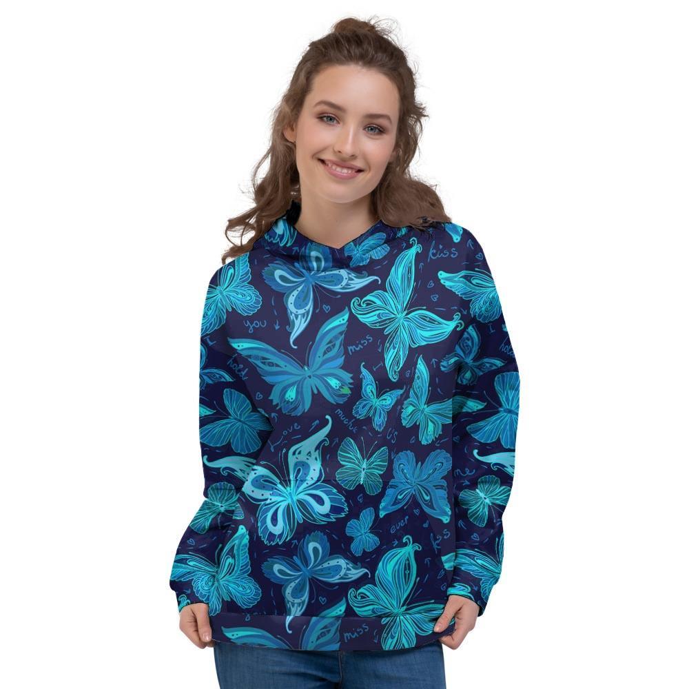 Blue Butterfly Print Women's Hoodie-grizzshop