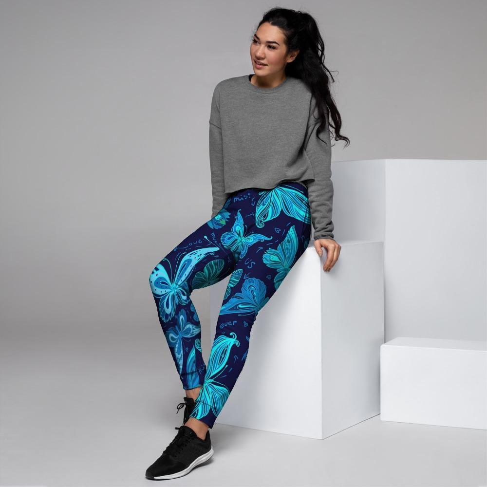 Blue Butterfly Print Women's Joggers-grizzshop