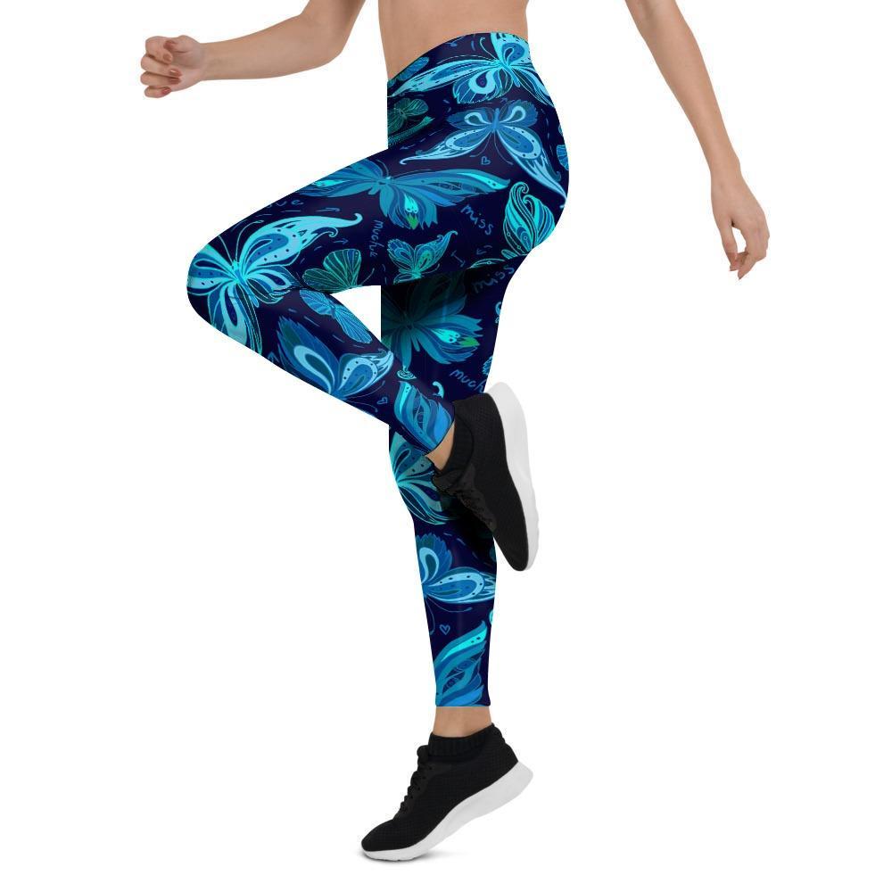 Blue Butterfly Print Women's Leggings-grizzshop