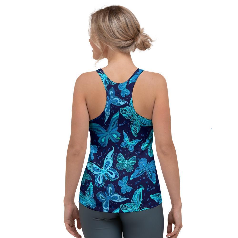 Blue Butterfly Print Women's Racerback Tank Top-grizzshop
