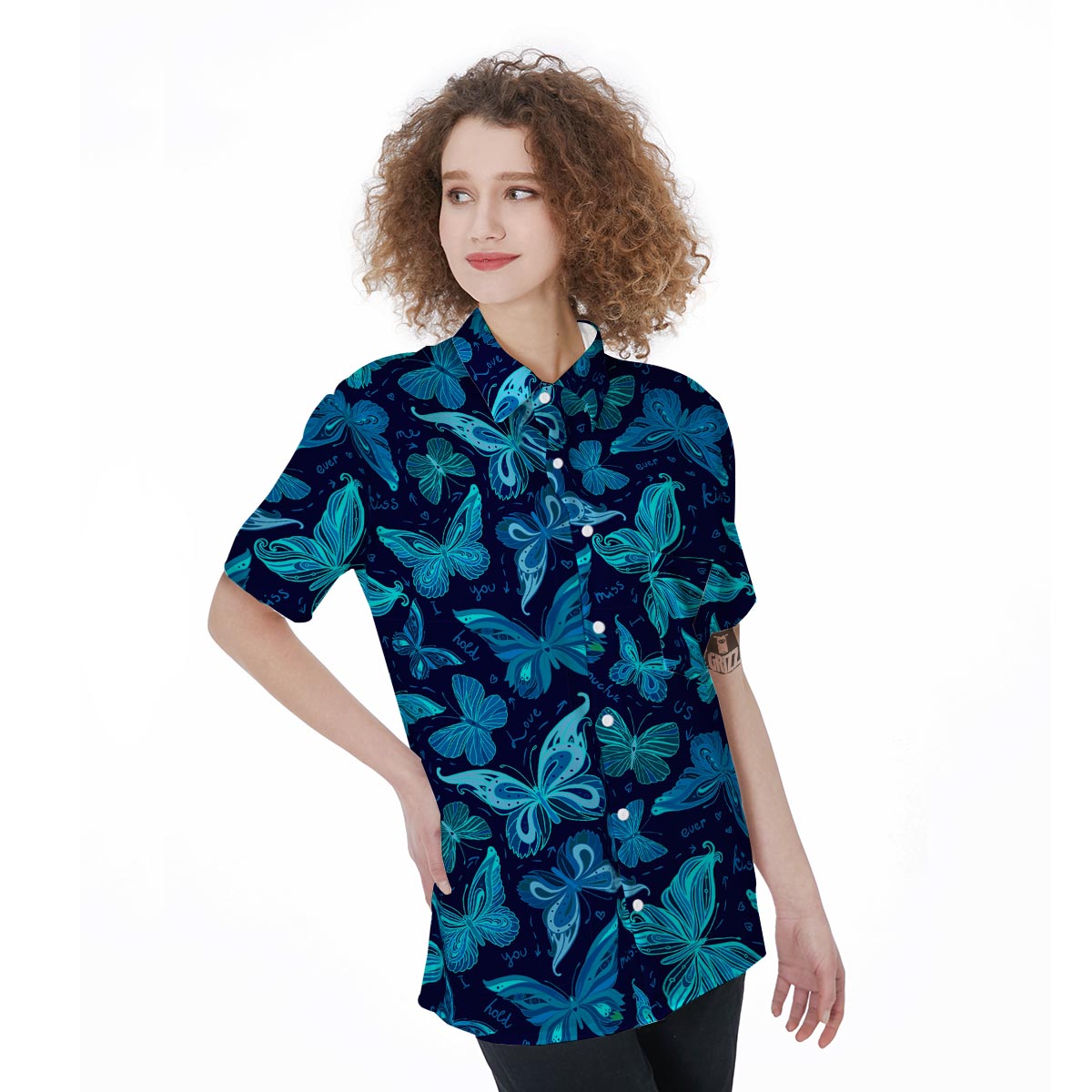 Blue Butterfly Print Women's Short Sleeve Shirts-grizzshop