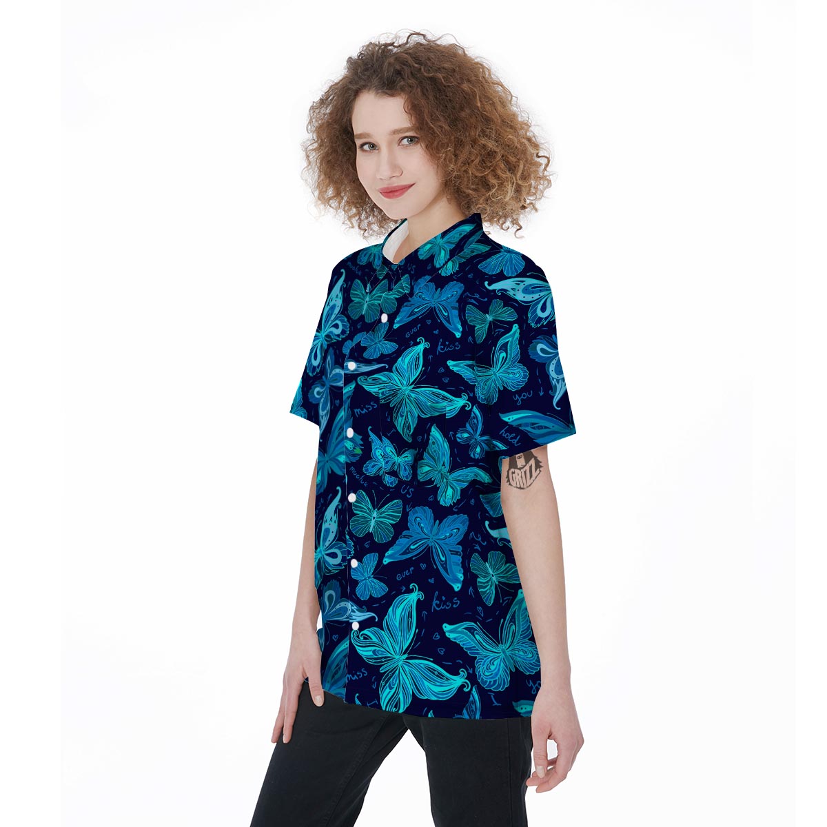 Blue Butterfly Print Women's Short Sleeve Shirts-grizzshop