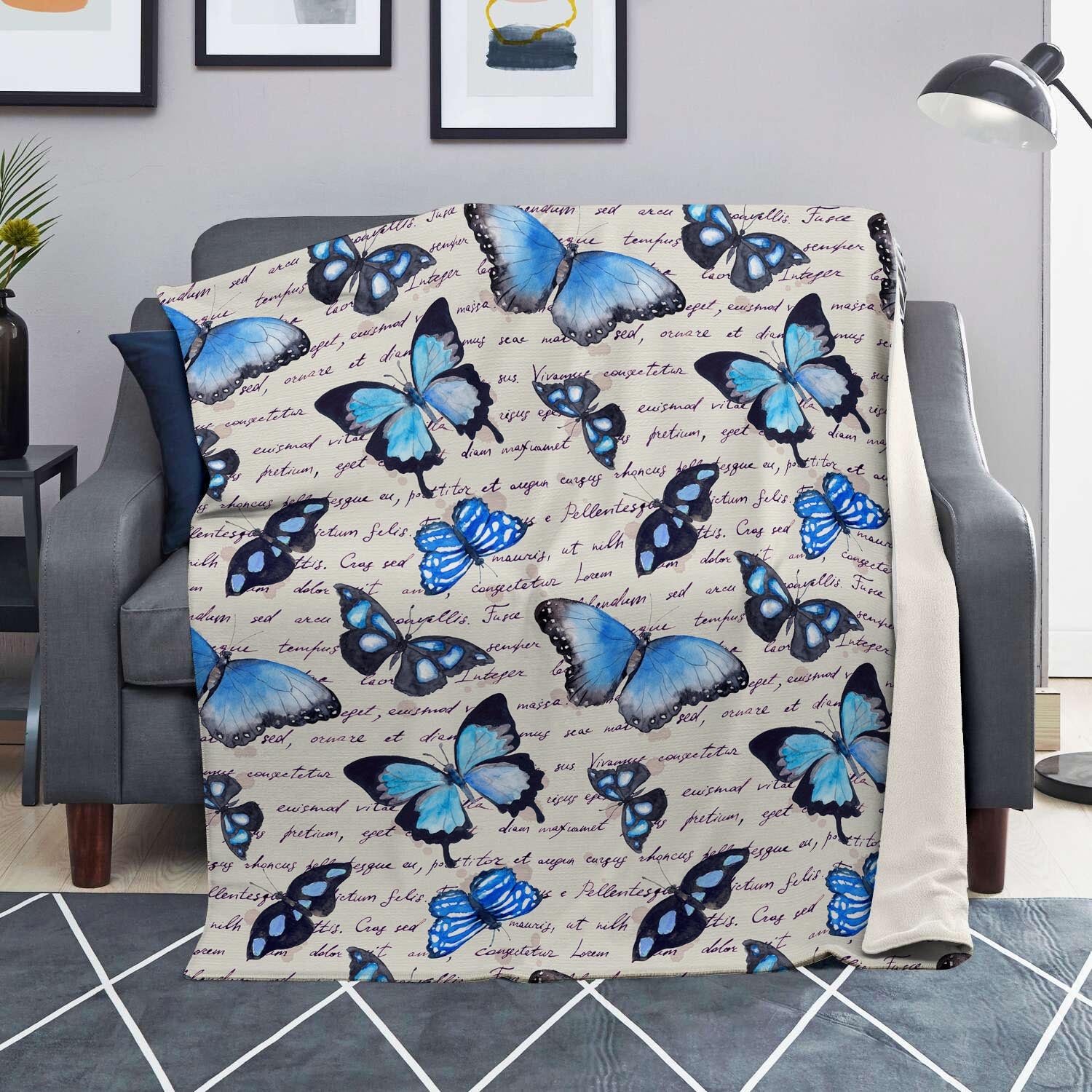 Blue Butterfly Watercolor Print Blanket-grizzshop