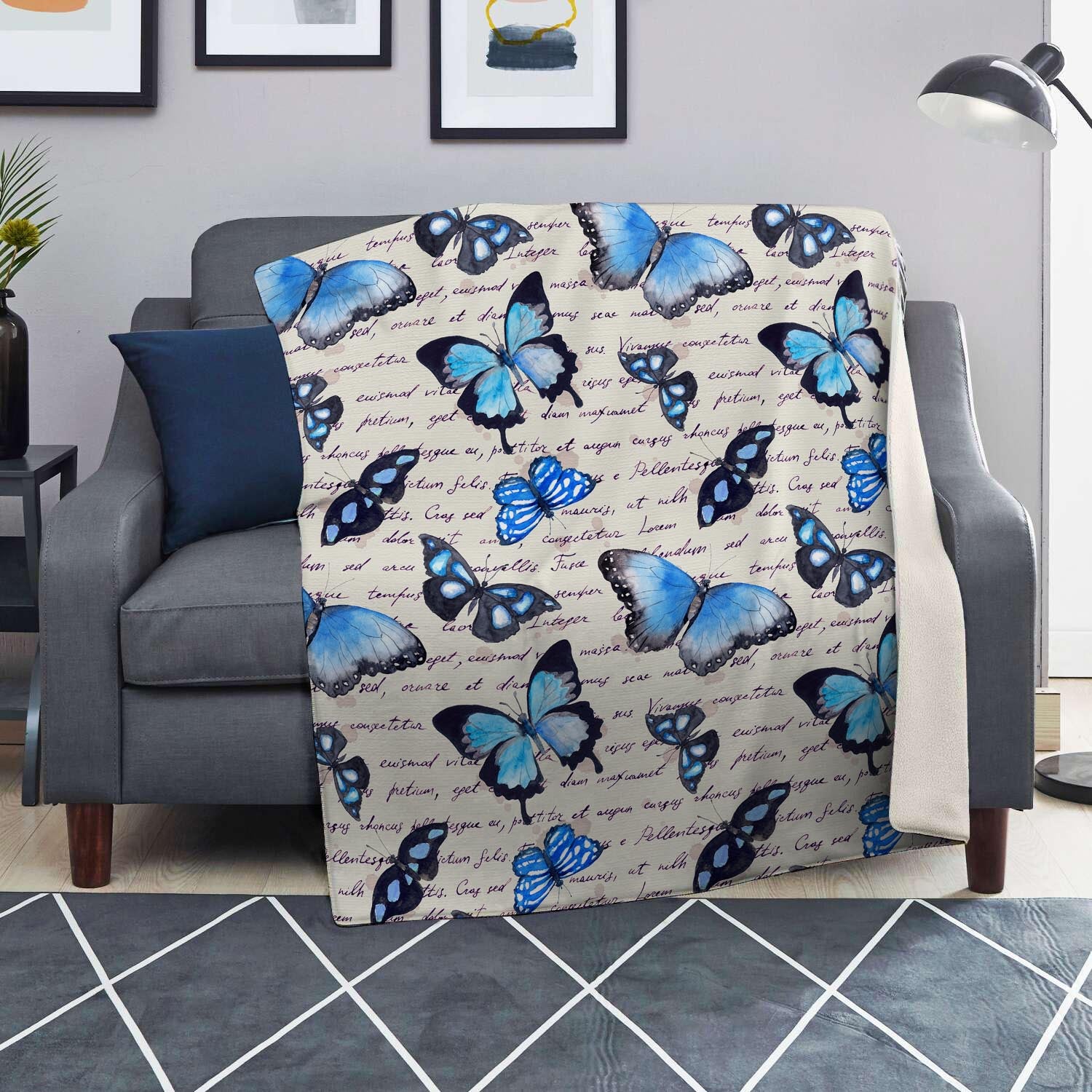Blue Butterfly Watercolor Print Blanket-grizzshop