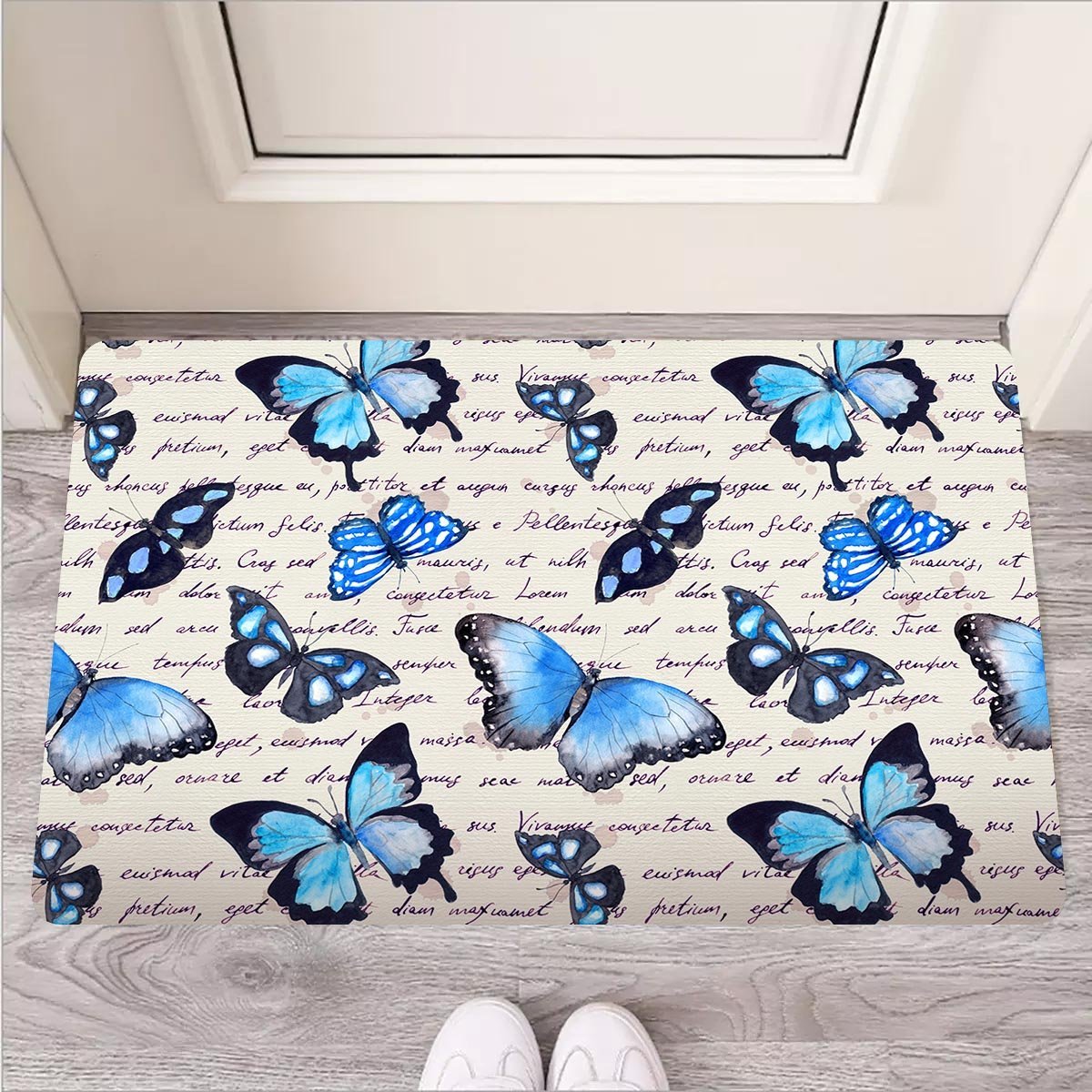 Blue Butterfly Watercolor Print Door Mat-grizzshop