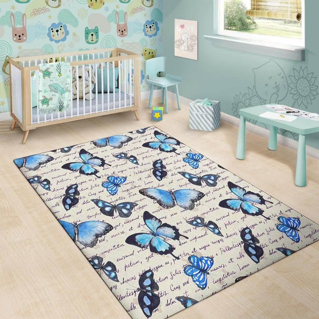 Blue Butterfly Watercolor Print Floor Mat-grizzshop