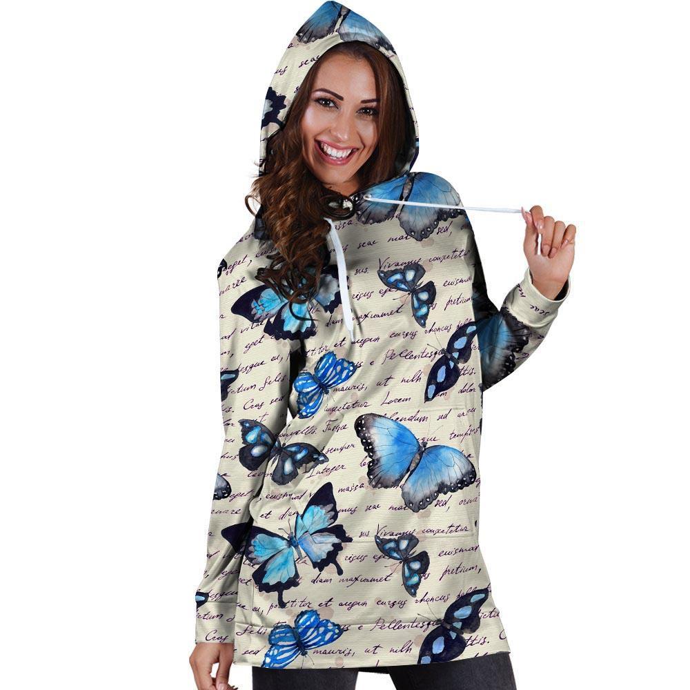 Blue Butterfly Watercolor Print Hoodie Dress-grizzshop