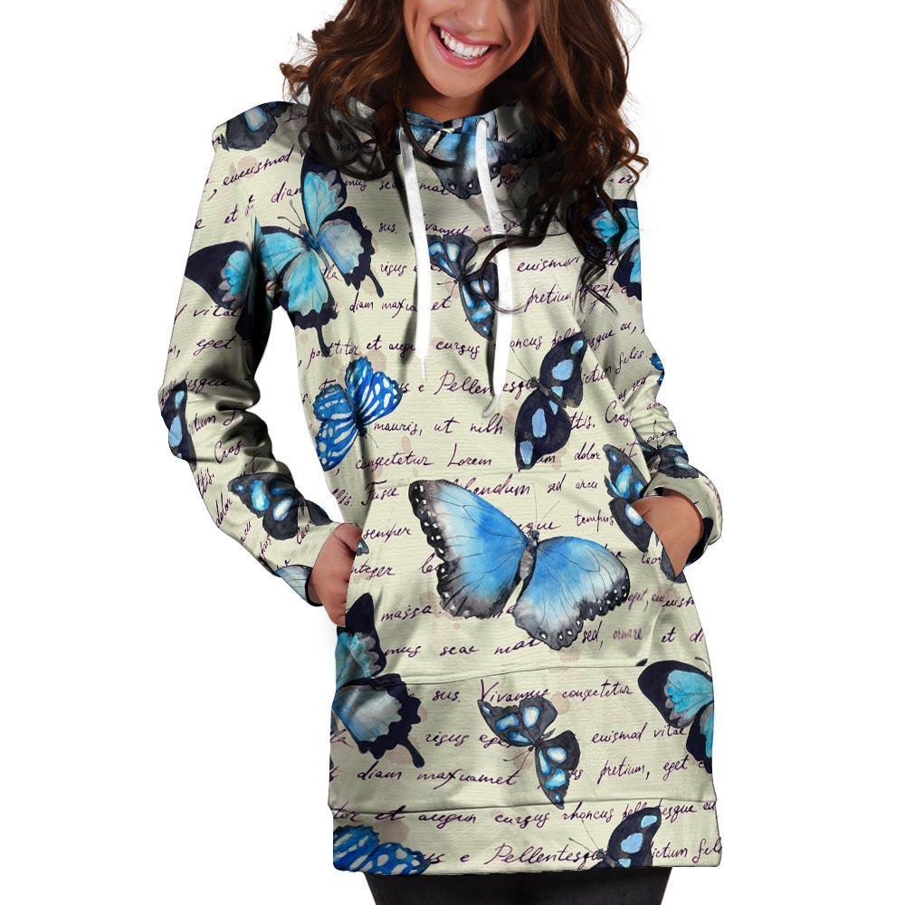 Blue Butterfly Watercolor Print Hoodie Dress-grizzshop