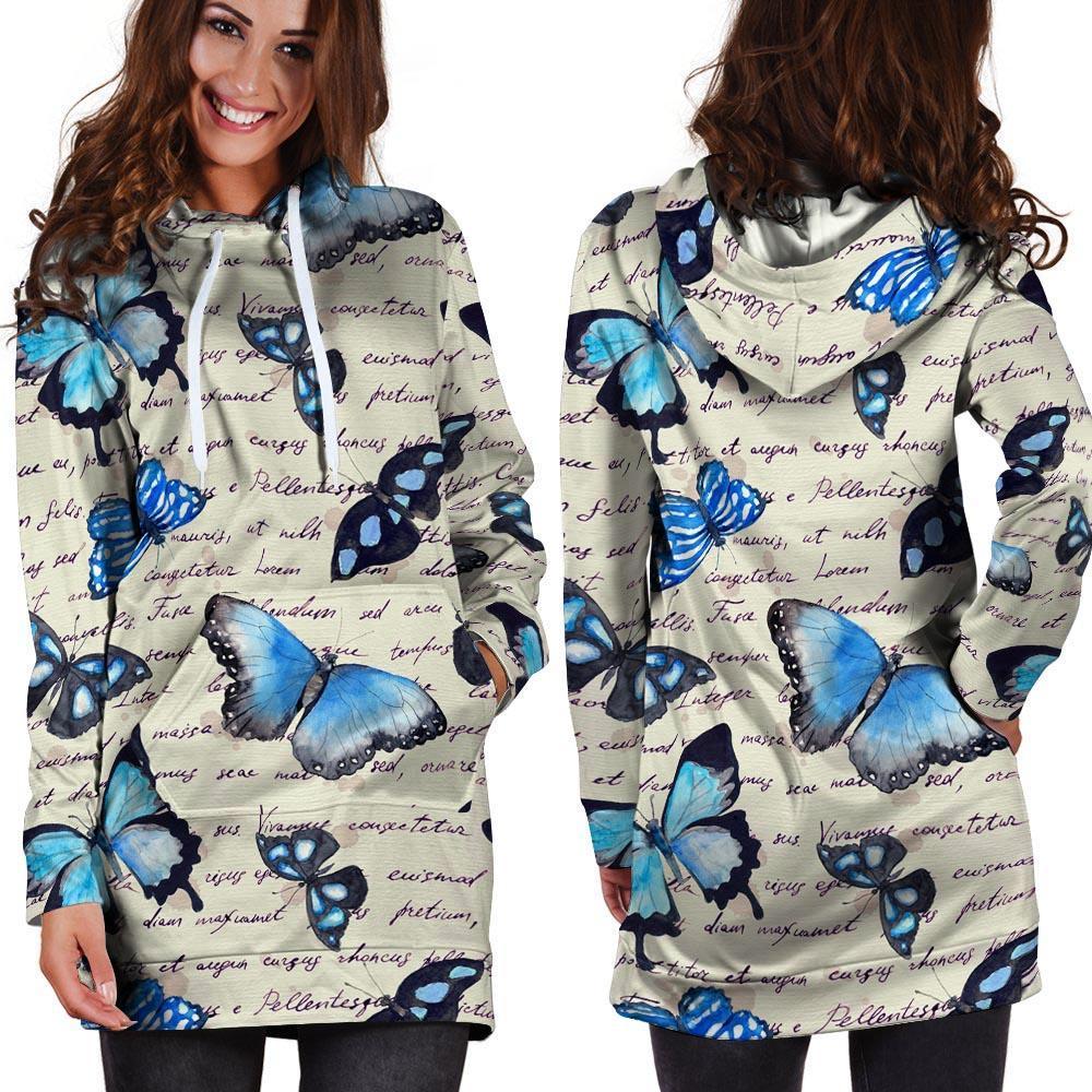 Blue Butterfly Watercolor Print Hoodie Dress-grizzshop