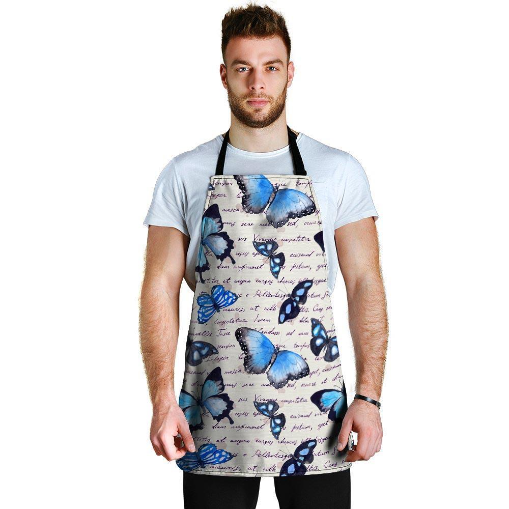 Blue Butterfly Watercolor Print Men's Apron-grizzshop