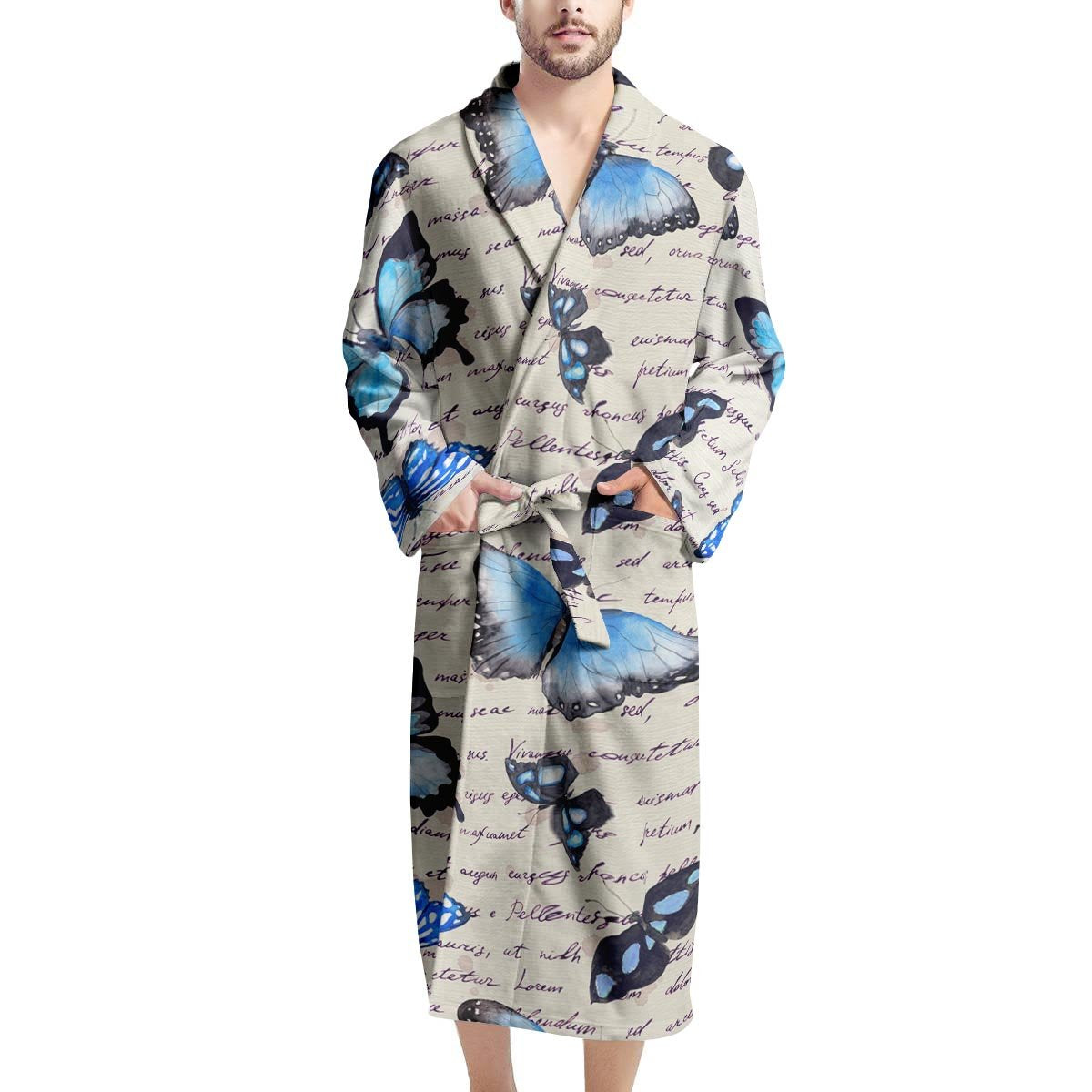 Blue Butterfly Watercolor Print Men's Robe-grizzshop