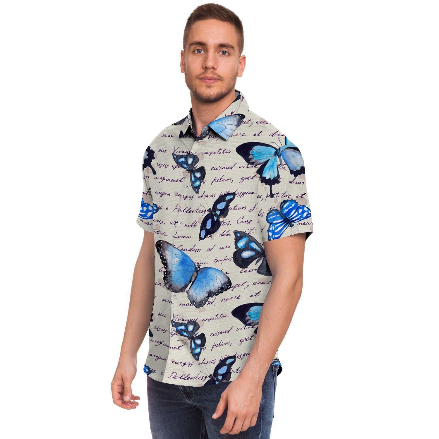 Blue Butterfly Watercolor Print Men's Short Sleeve Shirt-grizzshop
