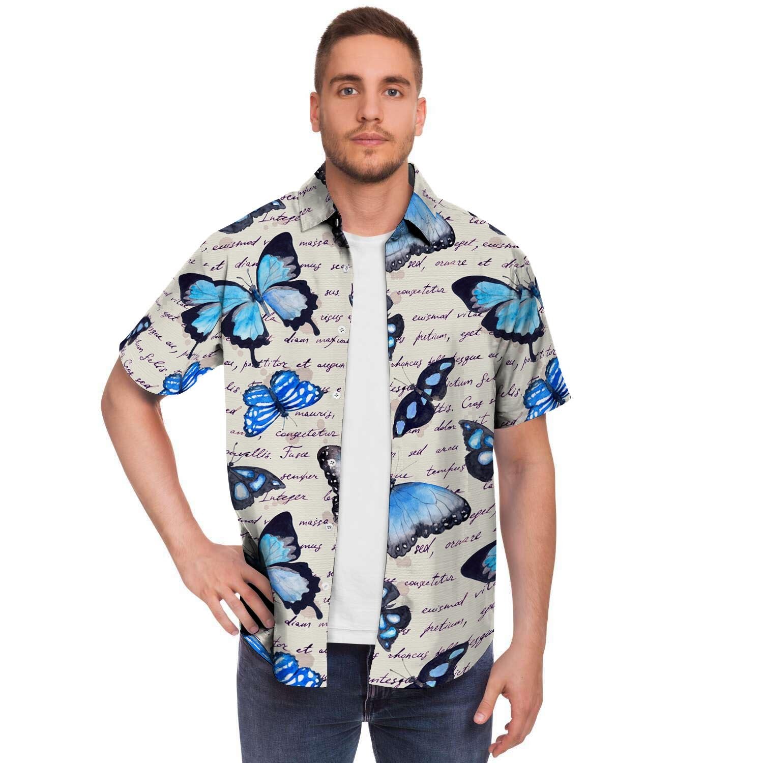 Blue Butterfly Watercolor Print Men's Short Sleeve Shirt-grizzshop