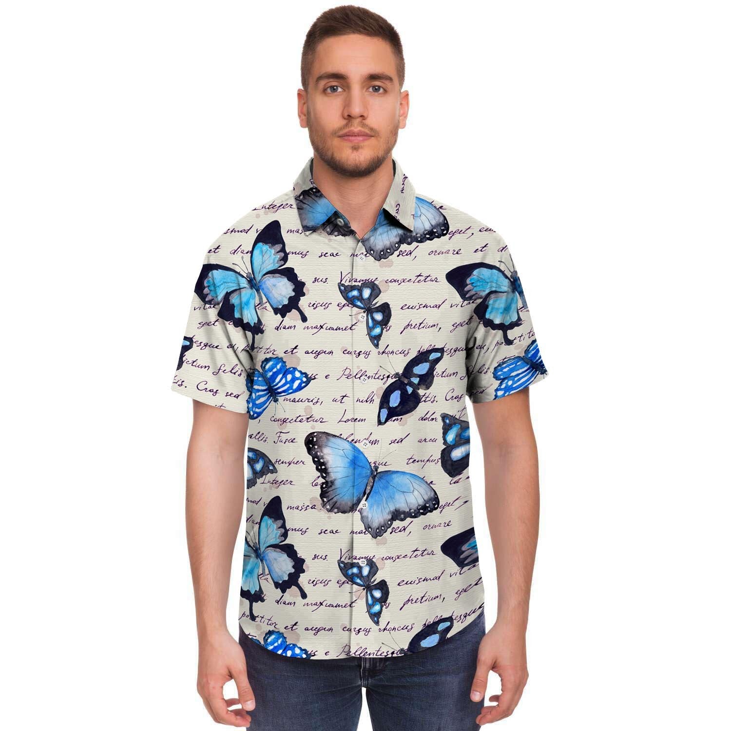 Blue Butterfly Watercolor Print Men's Short Sleeve Shirt-grizzshop