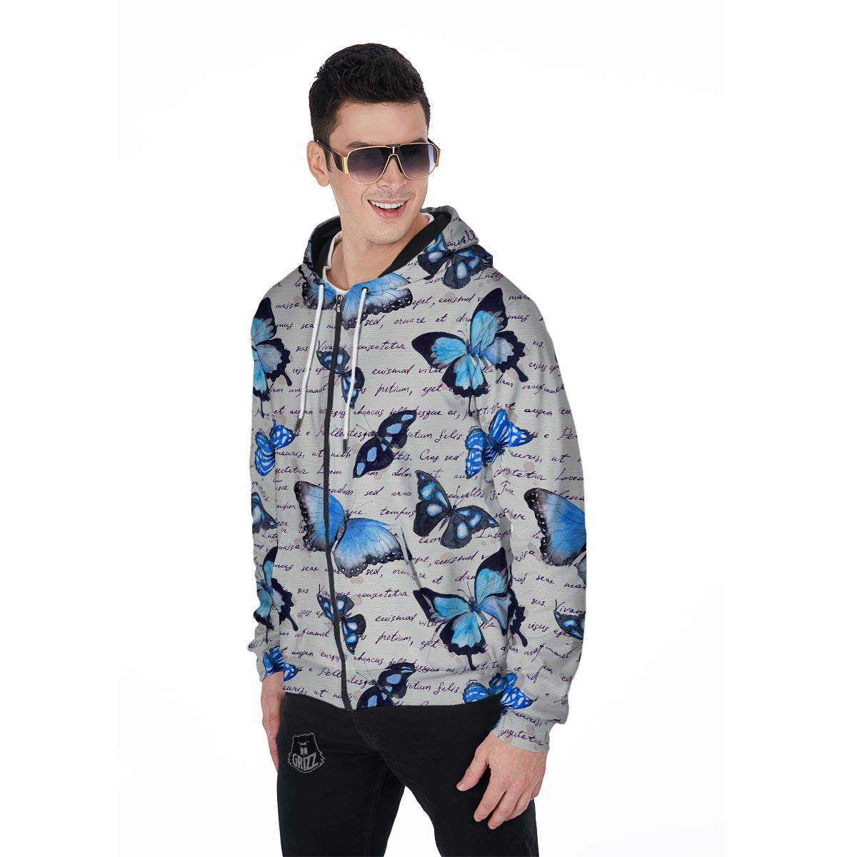 Blue Butterfly Watercolor Print Men's Zip Up Hoodie-grizzshop