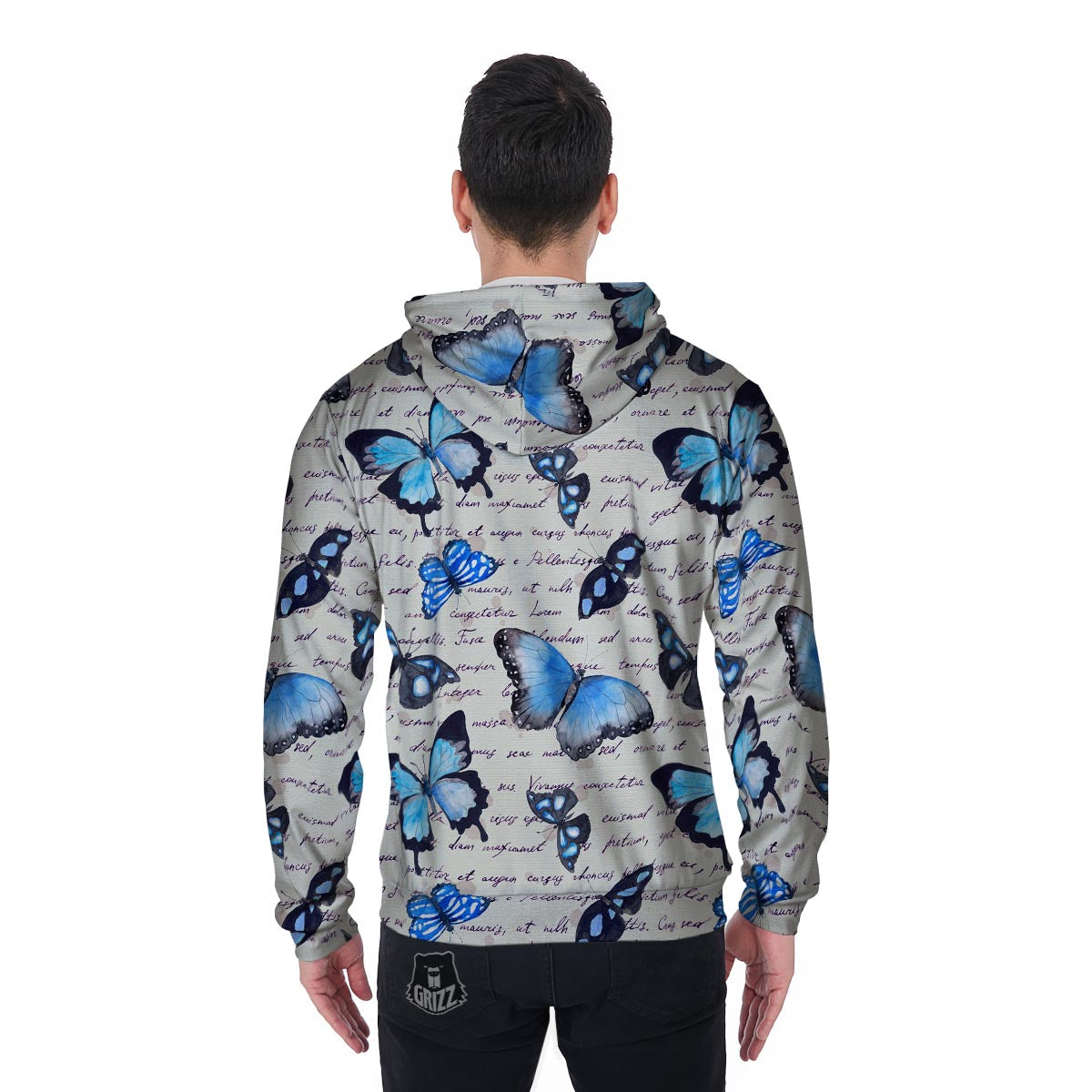 Blue Butterfly Watercolor Print Men's Zip Up Hoodie-grizzshop
