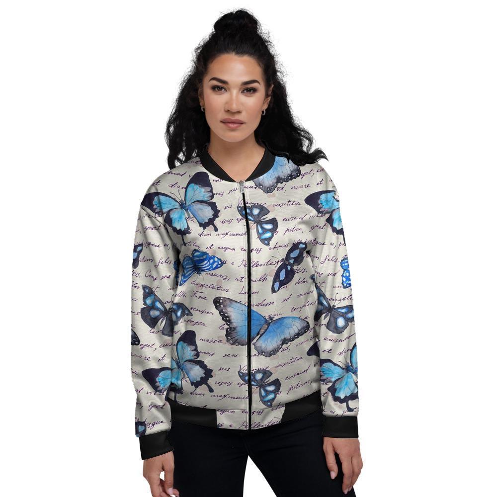 Blue Butterfly Watercolor Print Women's Bomber Jacket-grizzshop