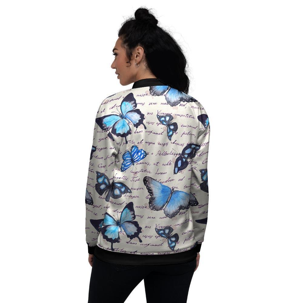 Blue Butterfly Watercolor Print Women's Bomber Jacket-grizzshop