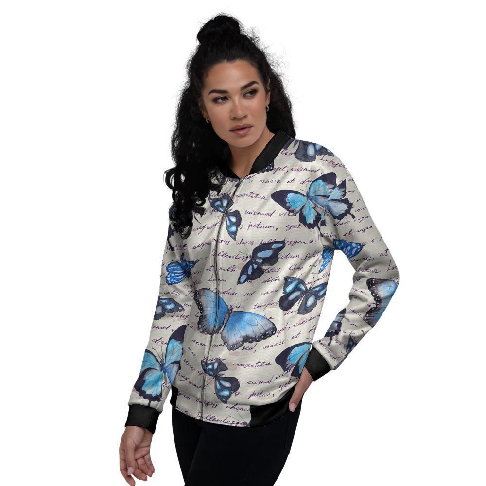 Blue Butterfly Watercolor Print Women's Bomber Jacket-grizzshop