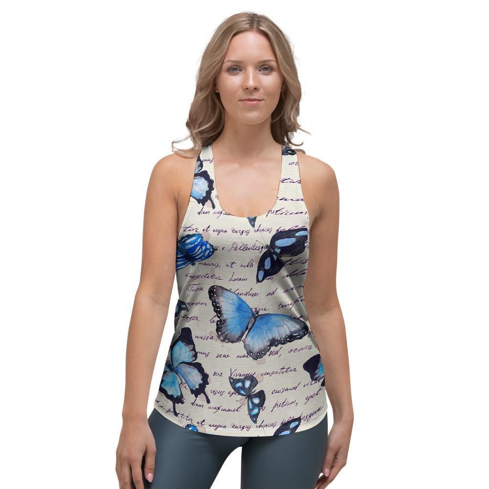 Blue Butterfly Watercolor Print Women's Racerback Tank Top-grizzshop