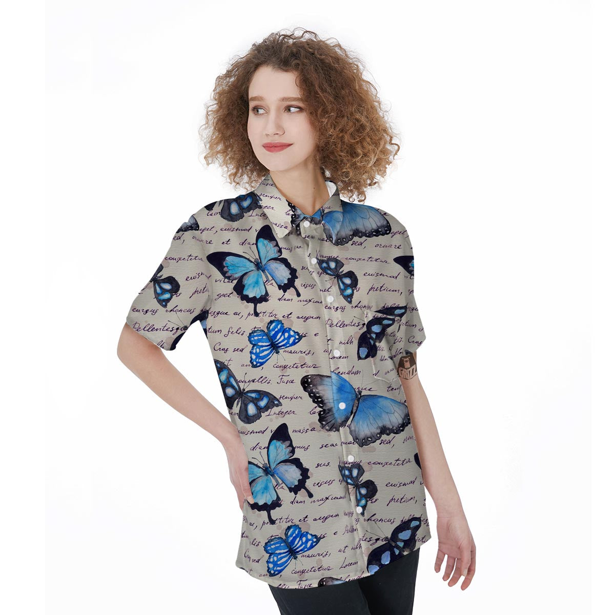 Blue Butterfly Watercolor Print Women's Short Sleeve Shirts-grizzshop