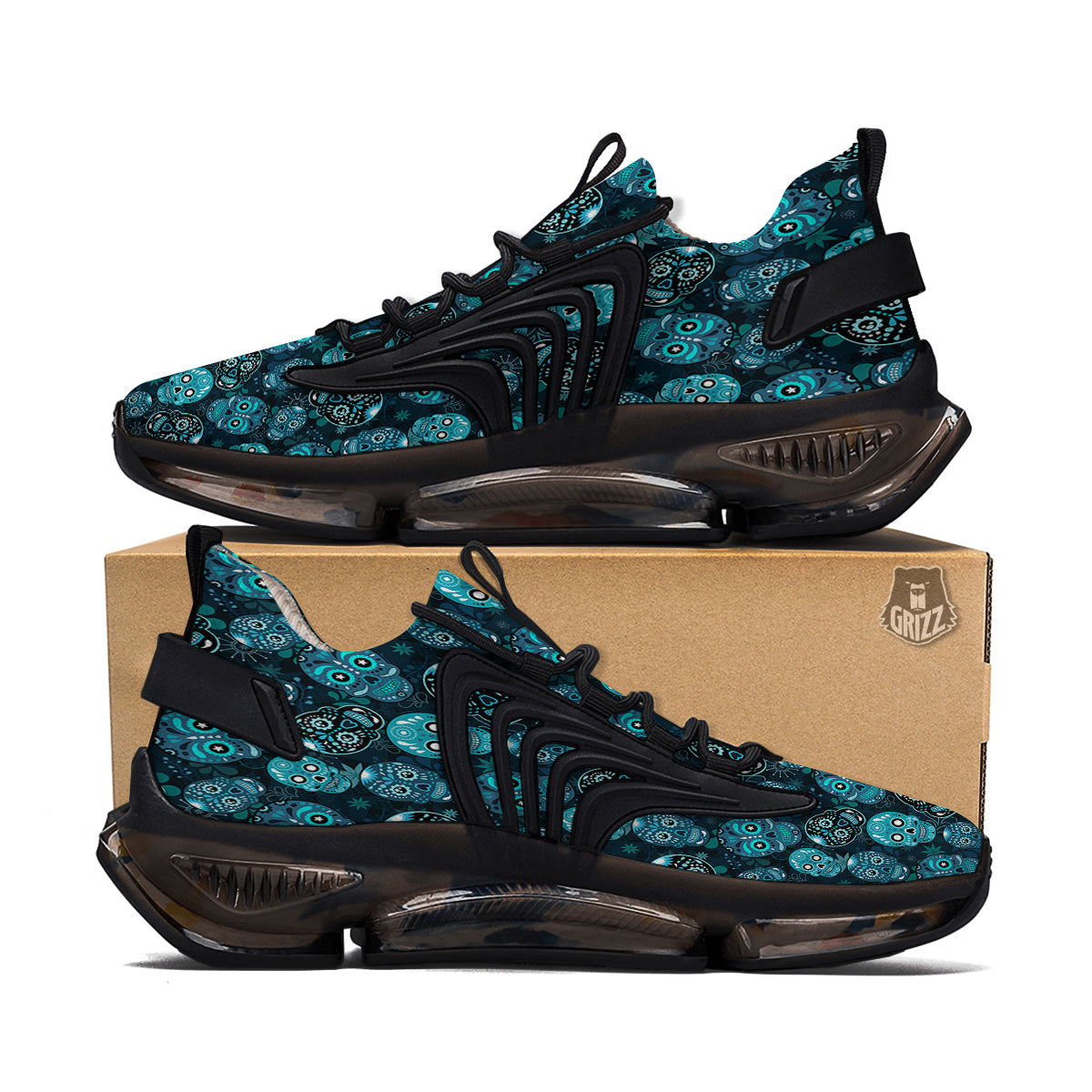 Blue Calavera Skull Print Pattern Black Gym Shoes-grizzshop