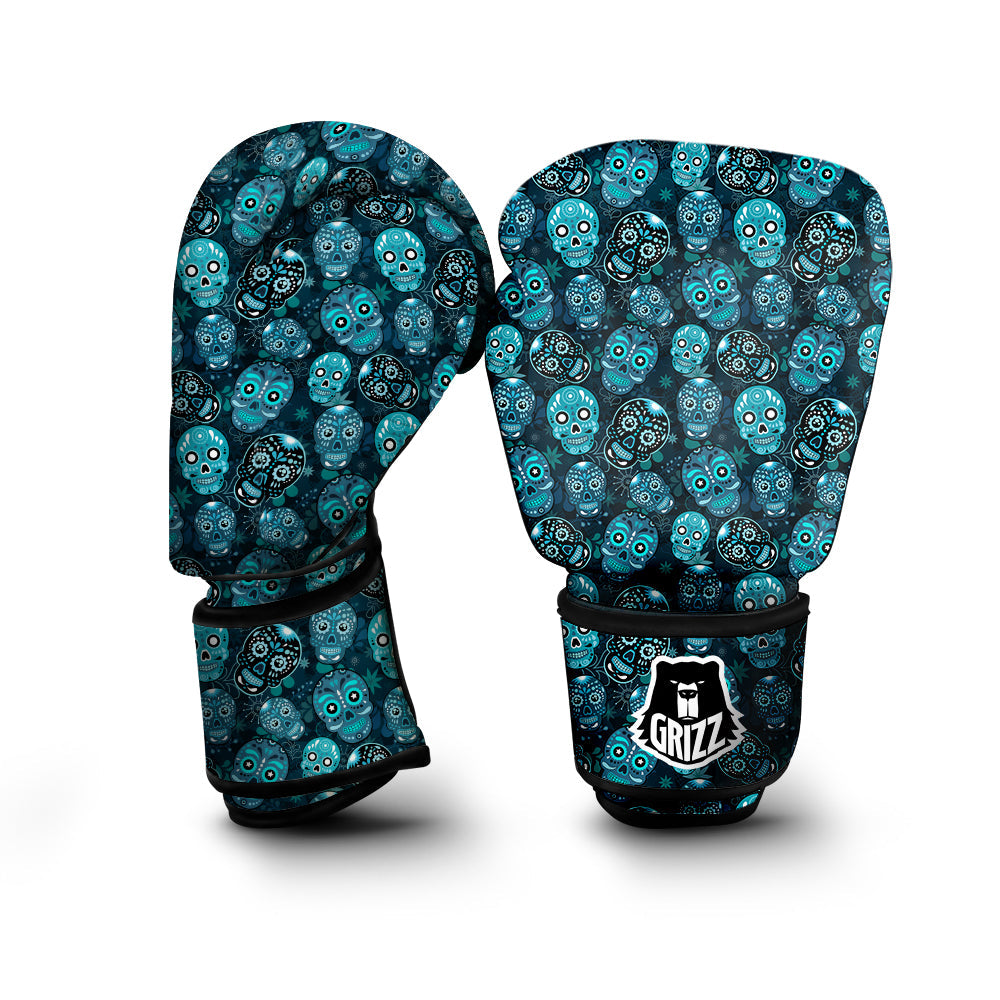 Blue Calavera Skull Print Pattern Boxing Gloves-grizzshop