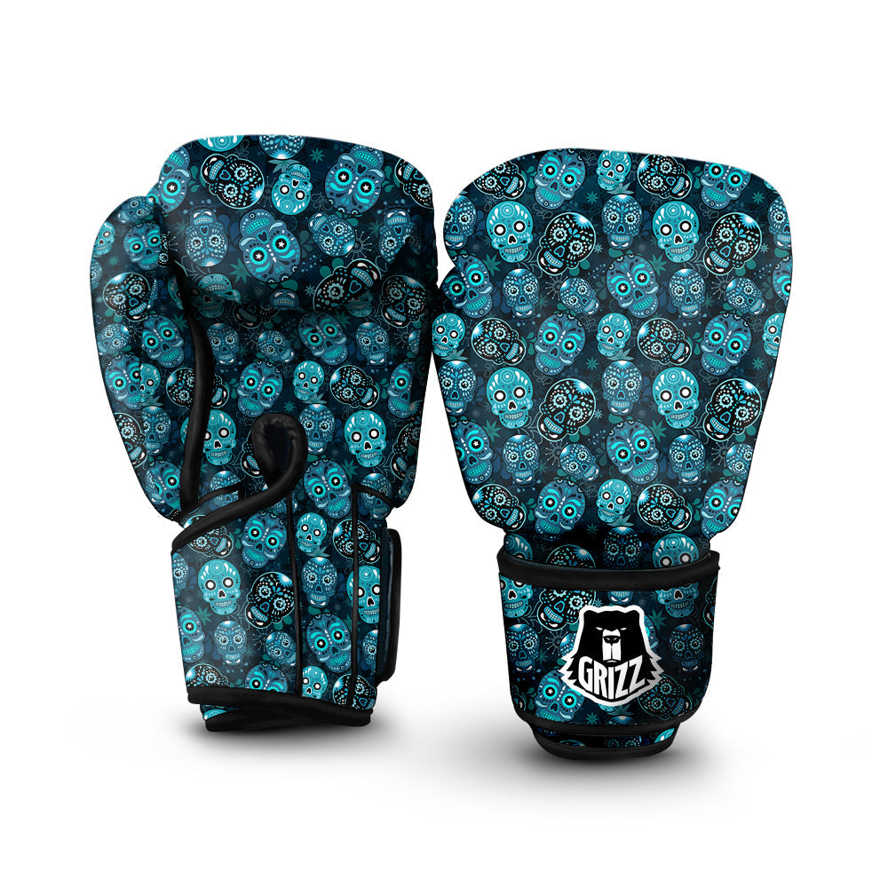 Blue Calavera Skull Print Pattern Boxing Gloves-grizzshop