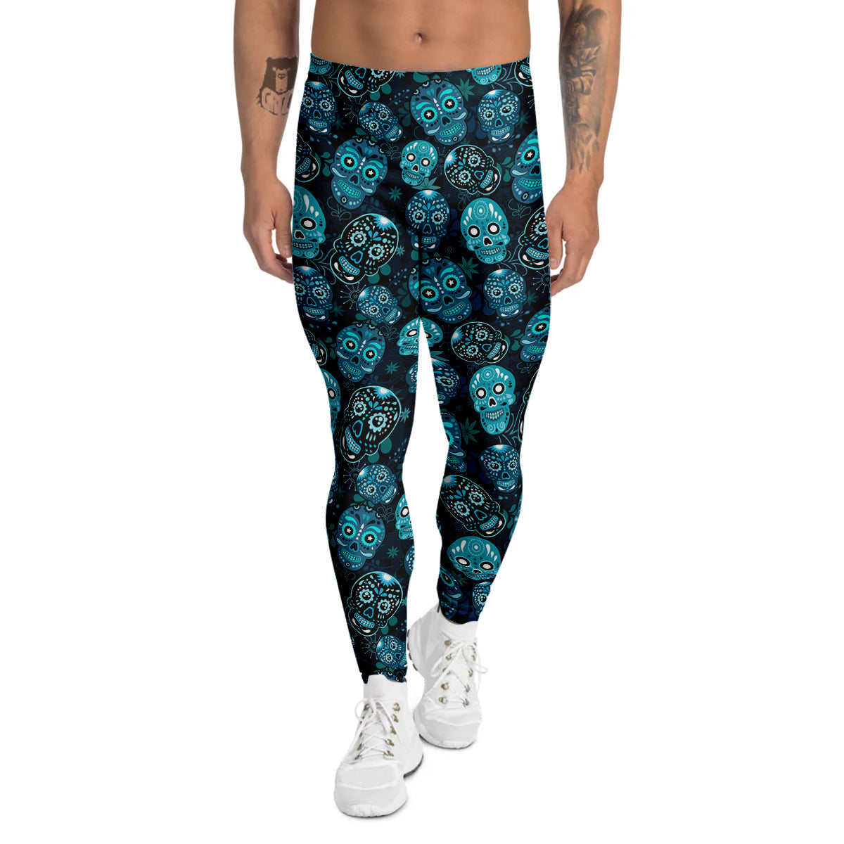 Blue Calavera Skull Print Pattern Men's Leggings-grizzshop