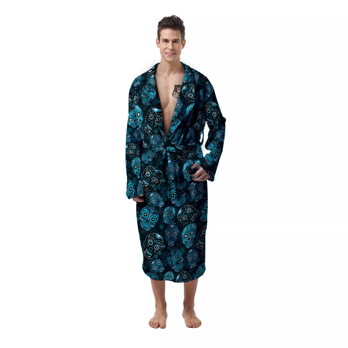 Blue Calavera Skull Print Pattern Men's Robe-grizzshop