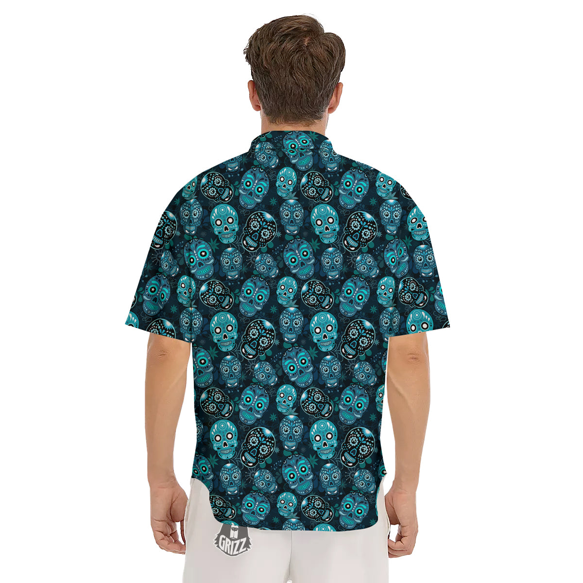 Blue Calavera Skull Print Pattern Men's Short Sleeve Shirts-grizzshop