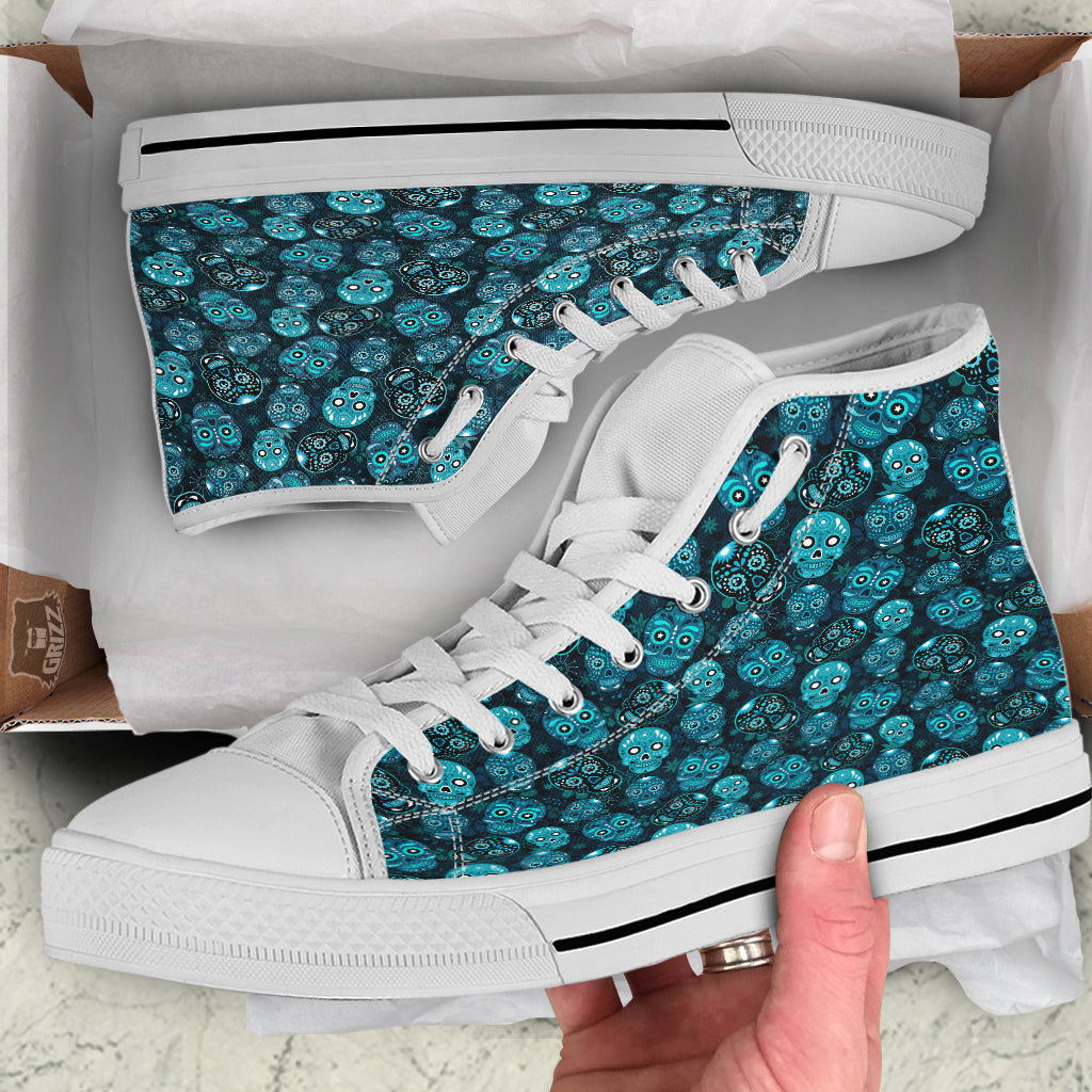 Blue Calavera Skull Print Pattern White High Top Shoes-grizzshop