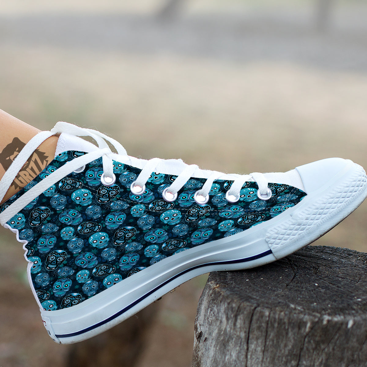Blue Calavera Skull Print Pattern White High Top Shoes-grizzshop