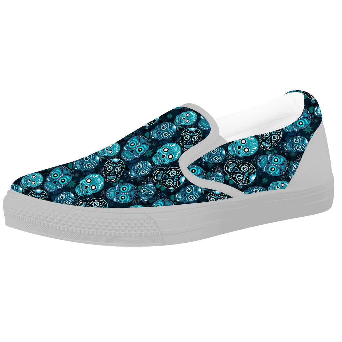 Blue Calavera Skull Print Pattern White Slip On Shoes-grizzshop